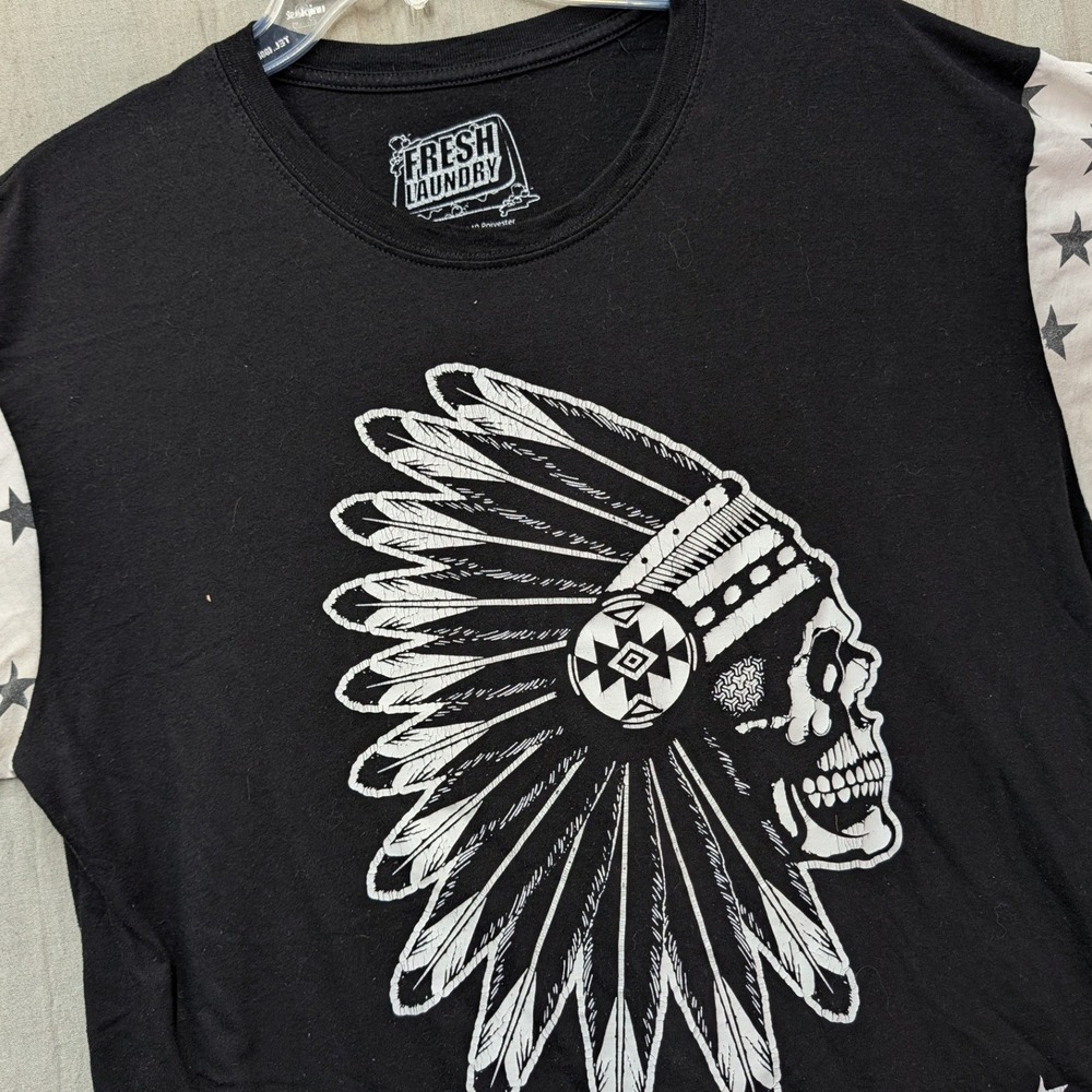 Fresh Laundry Mens XL Skull Headdress Graphic T-Shirt Black Star Sleeve Tee